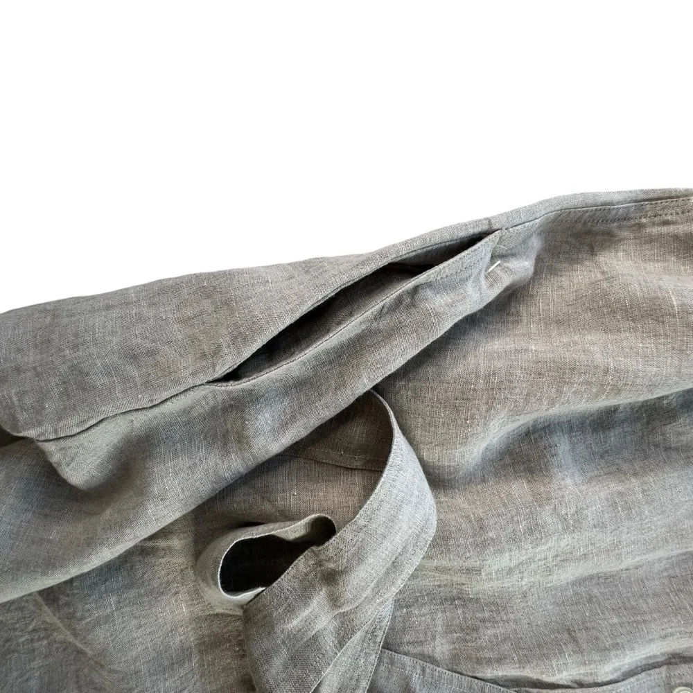 Button-Front Tie Waist Linen Dress in Light Beige